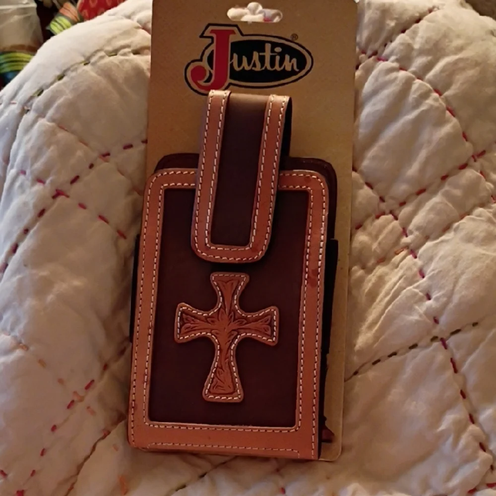 Justin Boots Brown and Tan Phone Holster with Cross Design